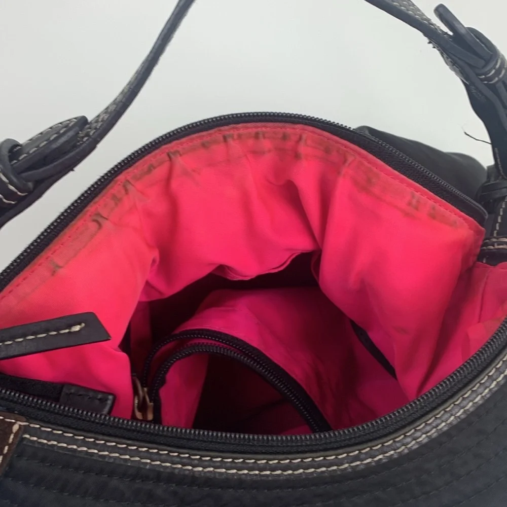 Dooney & Bourke Black leather Nylon Shoulder Bag Gold charm Pink lined Serial #